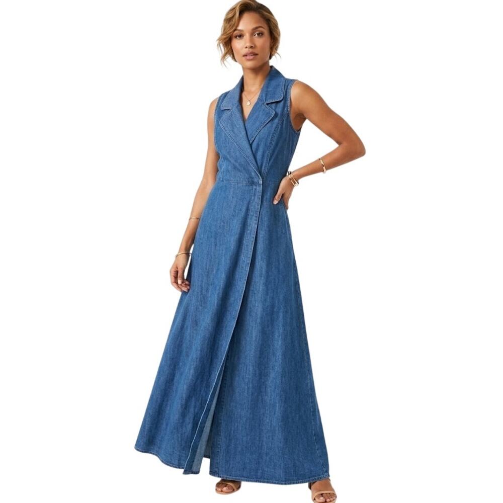 Misty Lane Sleeveless Denim Wrap-Style Maxi Dress Cotton Summer Medium